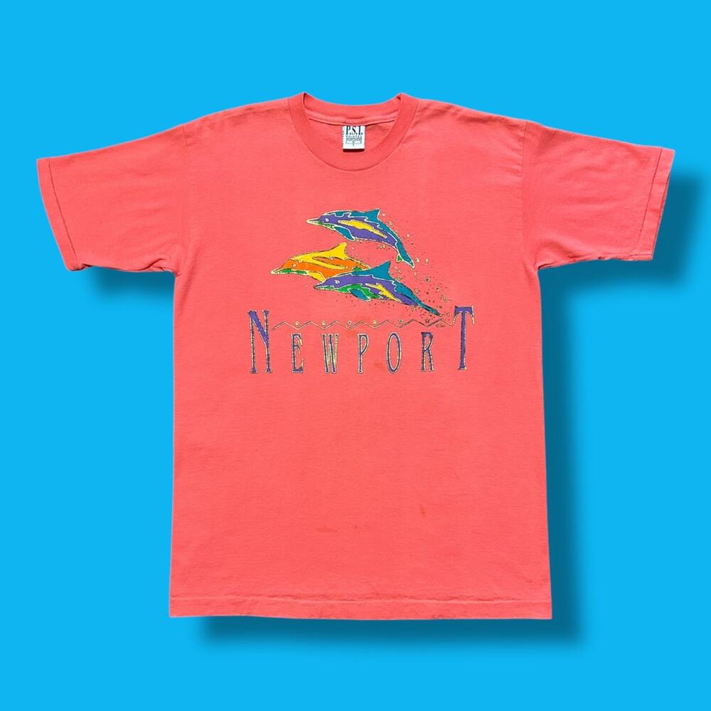 Vintage 90s Dolphin Shirt Newport Graphic Tee Colorful Art Ocean Nature Pink M/L